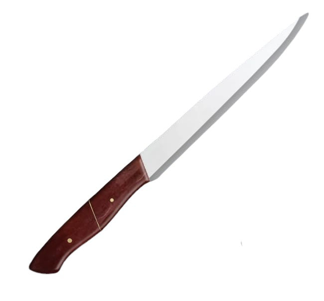 12.2-inch stainless steel slicer knife with a sharp, narrow blade and an ergonomic brown camel bone handle, ideal for precise slicing and carving tasks.