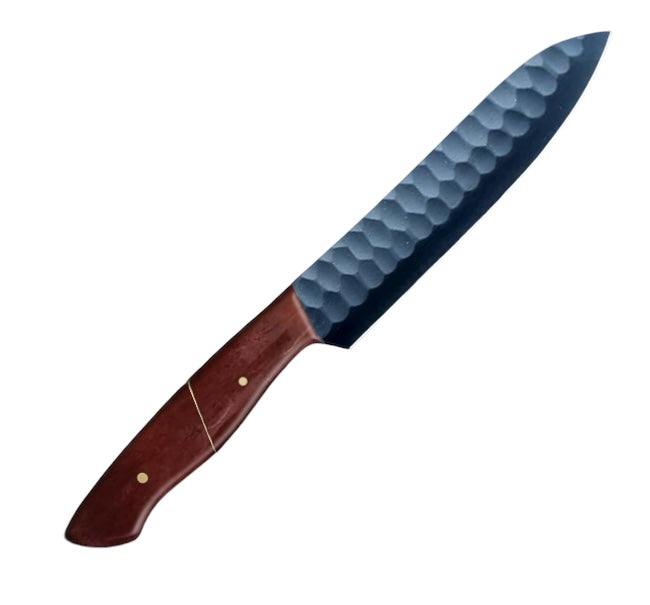 12.4-inch full-tang santoku knife with a carbon-coated blade and a polished brown camel bone handle, designed for precision, durability, and versatility in kitchen tasks like chopping, slicing, and dicing.