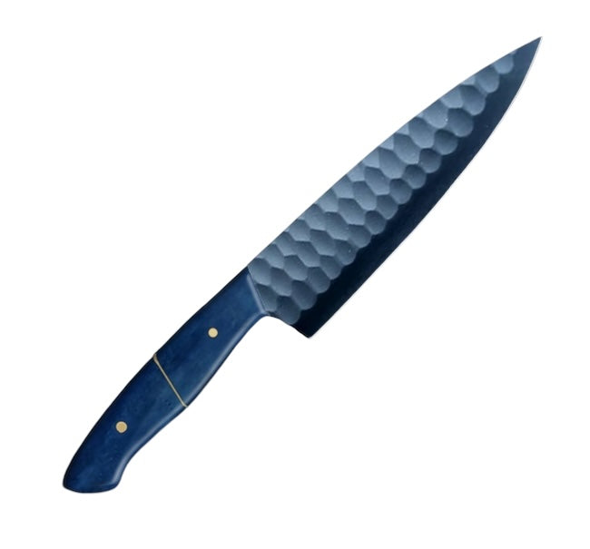 eminence blades 13 inch carbon coated full tang knife with blue camel bone handle.