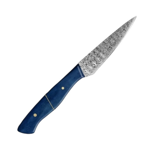 4-inch full-tang paring knife with a damascus pattern vg-10 steel blade and a polished blue camel bone handle, ideal for precision peeling, trimming, and small cutting tasks