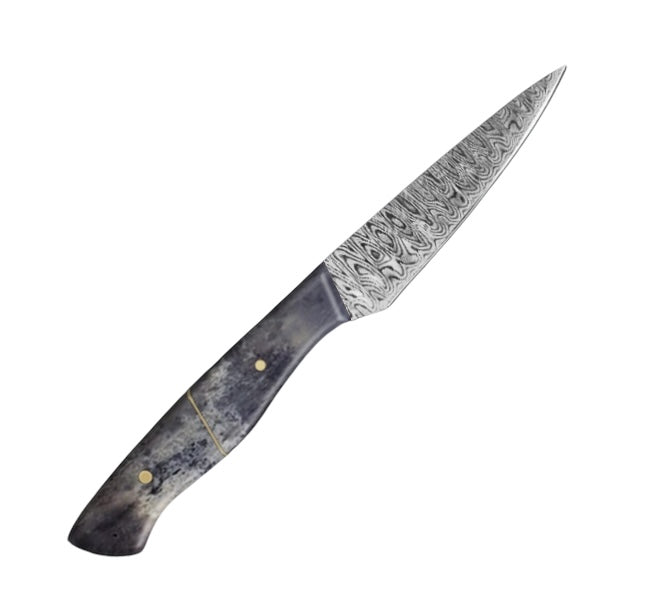 4-inch full-tang paring knife with a damascus pattern vg-10 steel blade and a polished black camel bone handle, ideal for precision peeling, trimming, and small cutting tasks.