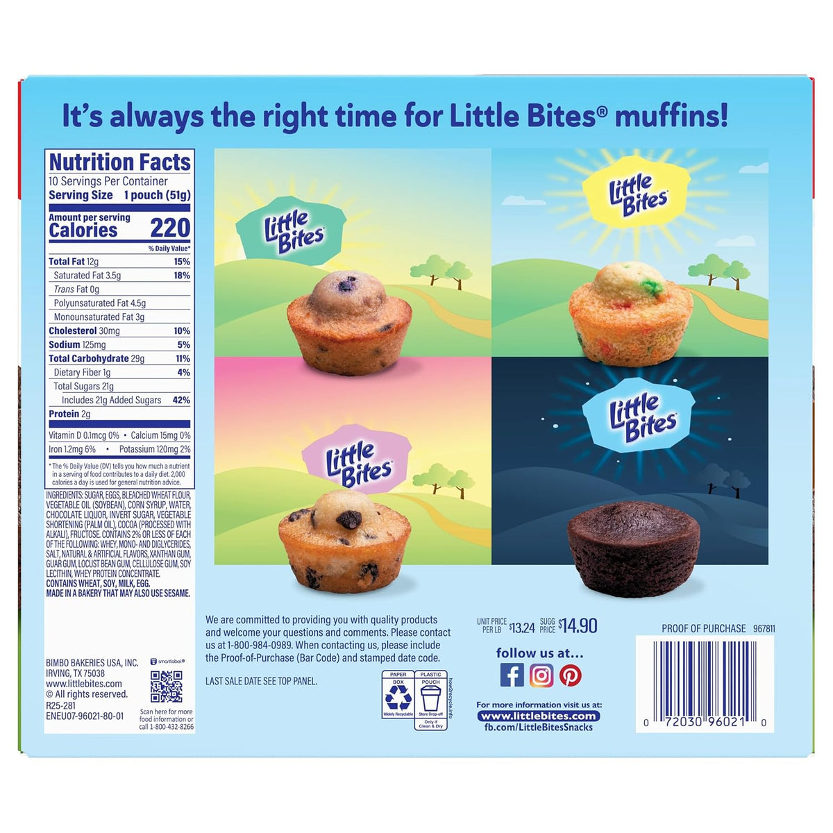 (Value Pack) Little Bites Fudge Brownies, 10 individual packs, (1.8 oz each), Real Chocolate Mini Muffins, 18 oz Multipack