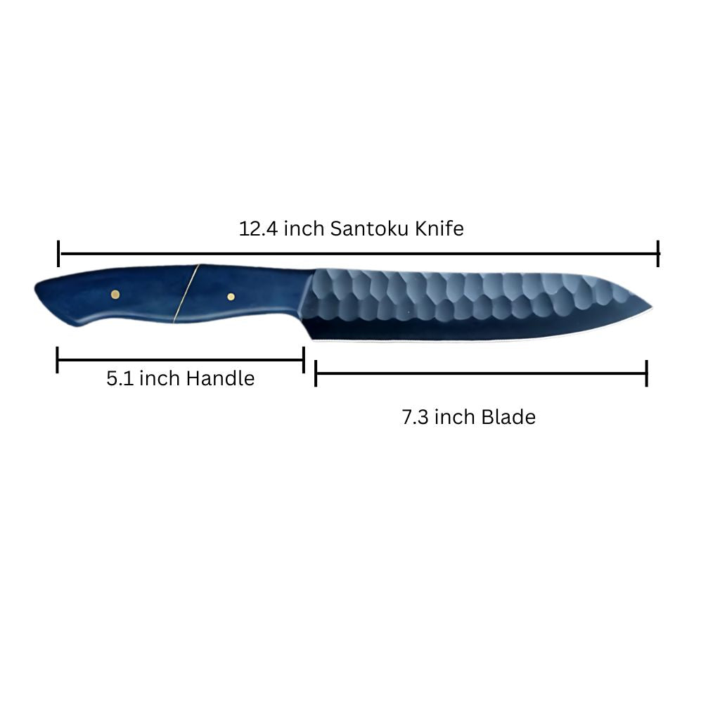 12.4 inch full tang santoku knife. 5.1 inch camel bone handle, 7.3 inch highest quality blade.