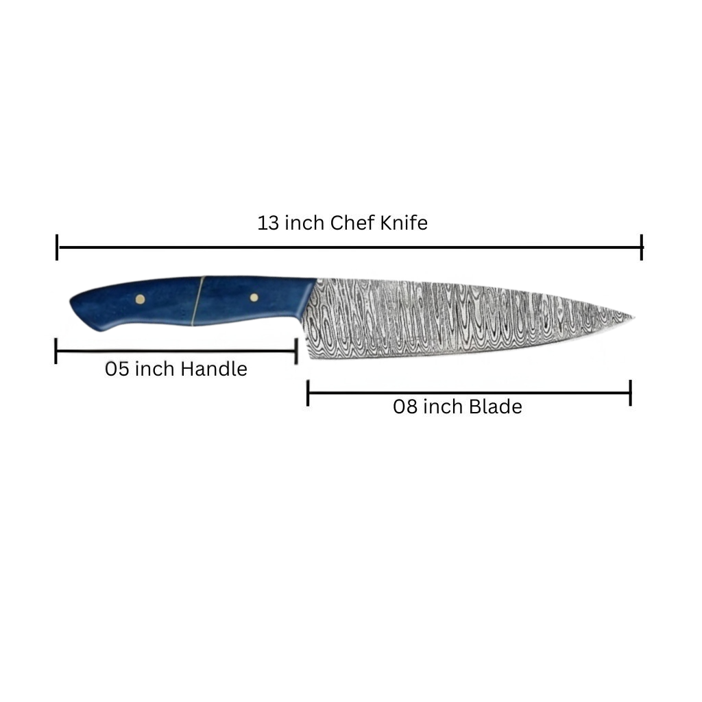 Detailed dimensions of a 13-inch full-tang professional chef knife, featuring an 8-inch blade with and a 5-inch ergonomic camel bone handle