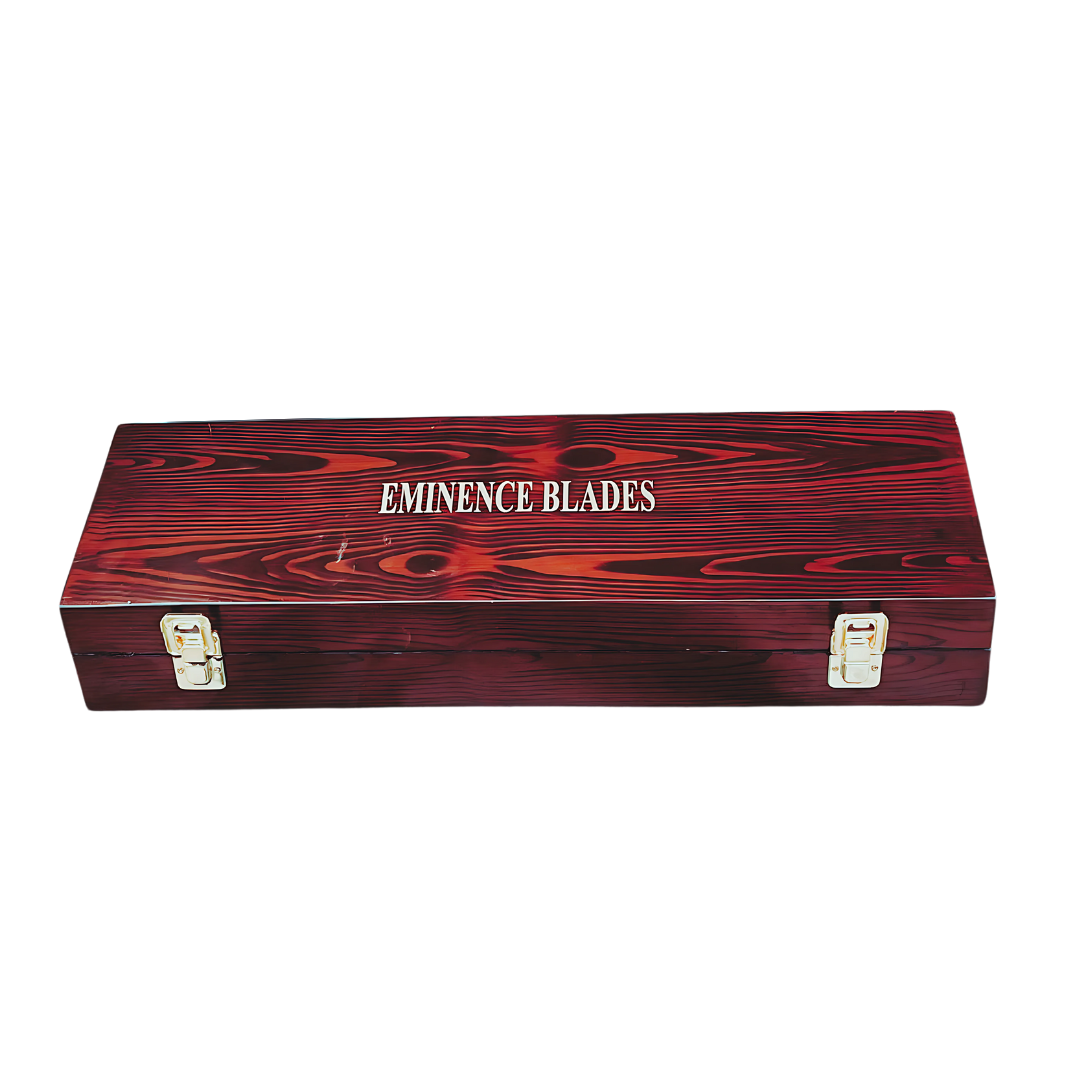Premium wooden storage box for knives, featuring a rich redwood finish with the engraved text 'Eminence Blades,' designed for secure storage and elegant presentation.