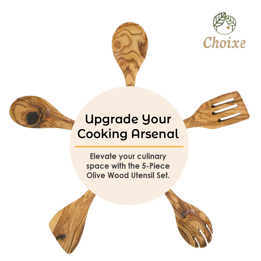 5-Piece Hand-Carved Olive Wood Kitchen Utensil Set – Durable & Eco-Friendly