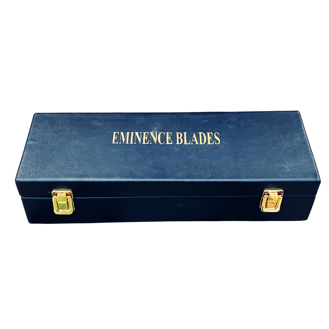 Premium leather storage box for knives, featuring a high quality original leather with the engraved text 'Eminence Blades,' designed for secure storage and elegant presentation.