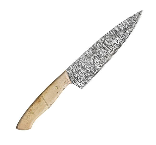 13 inch professional chef knife with a full tang damascus pattern vg-10 steel blade, paired with an ergonomic beige camel bone handle.