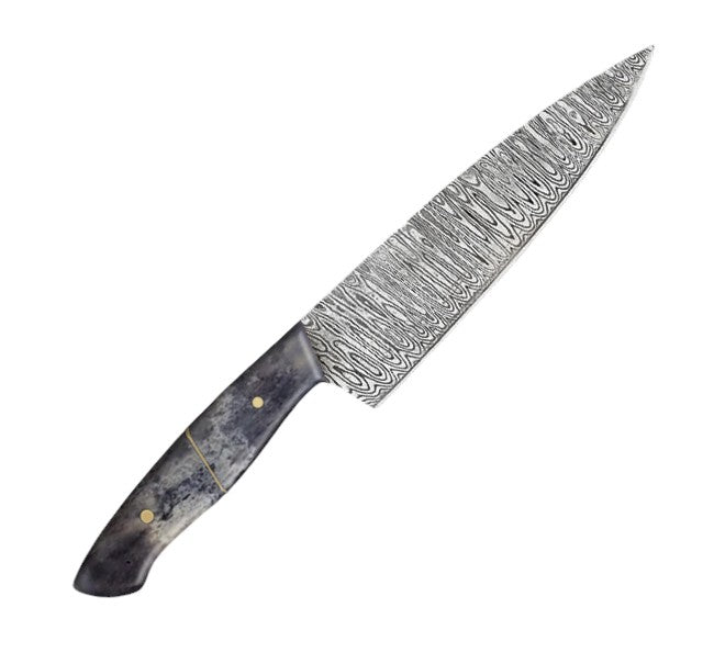 professional chef knife with a full tang damascus pattern vg-10 steel blade, paired with an ergonomic Black camel bone handle.
