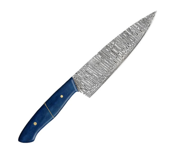 13 inch professional chef knife with a full tang damascus pattern vg-10 steel blade, paired with an ergonomic blue camel bone handle.