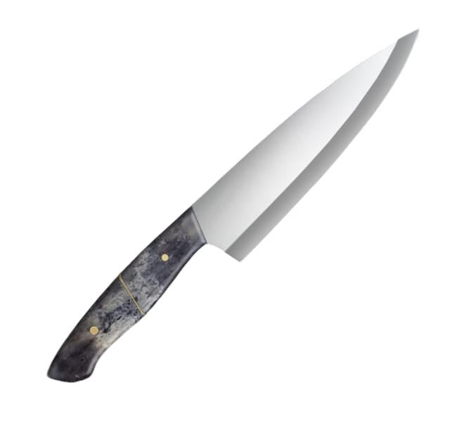 Professional 13-inch chef knife featuring a polished stainless steel blade with a full tang construction, paired with an ergonomic black camel bone