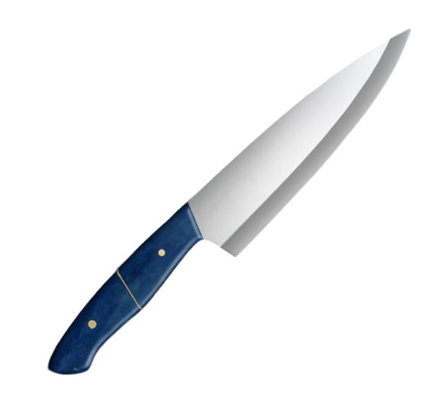 professional chef knife featuring a polished stainless steel blade with a full tang construction, paired with an ergonomic blue camel bone handle